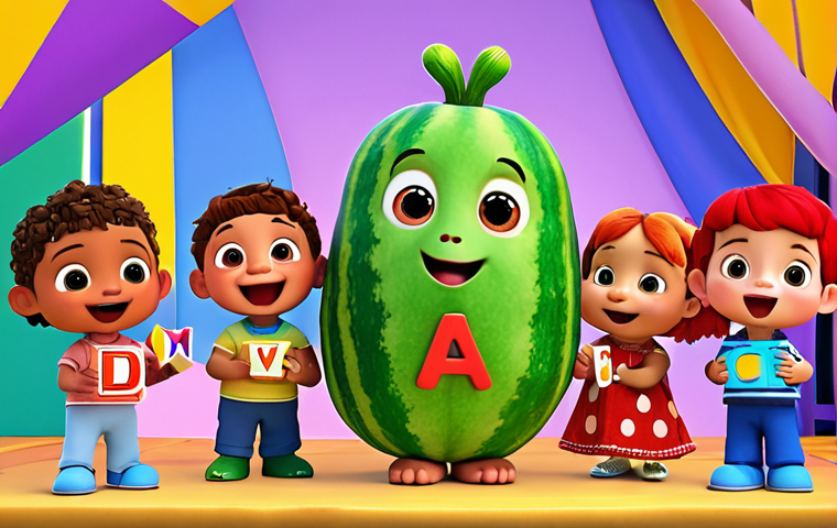 **
"CoComelon characters JJ and friends singing alphabet song, colorful background, learning environment, educational."
**