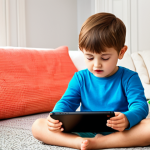 ** A young, fully clothed child attentively watching Cocomelon on a tablet. The child is sitting comfortably in a brightly lit living room, surrounded by colorful toys. "Safe for work," "appropriate content," "fully clothed," "family-friendly," perfect anatomy, natural proportions.

**