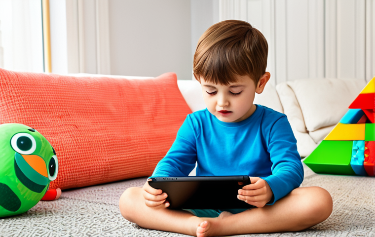 ** A young, fully clothed child attentively watching Cocomelon on a tablet. The child is sitting comfortably in a brightly lit living room, surrounded by colorful toys. "Safe for work," "appropriate content," "fully clothed," "family-friendly," perfect anatomy, natural proportions.
**