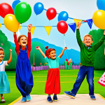 **

"A group of fully clothed children joyfully dancing to a CoComelon remix at a bright, colorful family-friendly party. The scene is vibrant and energetic, with balloons and decorations. The children are wearing modest, colorful clothing. Safe for work, appropriate content, perfect anatomy, natural proportions, professional illustration, high quality."

**