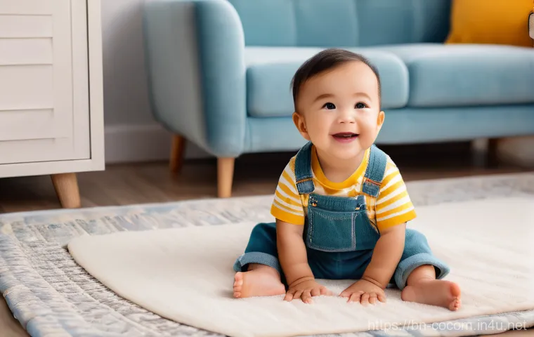 코코멜론의 배경 음악 악기 구성 - **Prompt:** A cheerful toddler, around 2-3 years old, sitting comfortably on a soft, plush rug in a ...