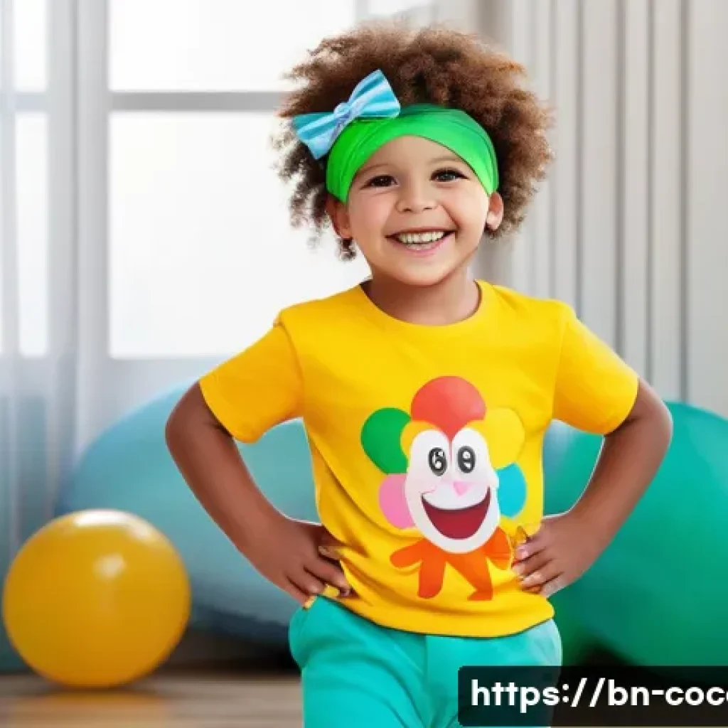 코코멜론 기반 코스프레 아이디어 - A cheerful young child wearing a colorful cotton t-shirt and comfortable pants inspired by Kokomelon...