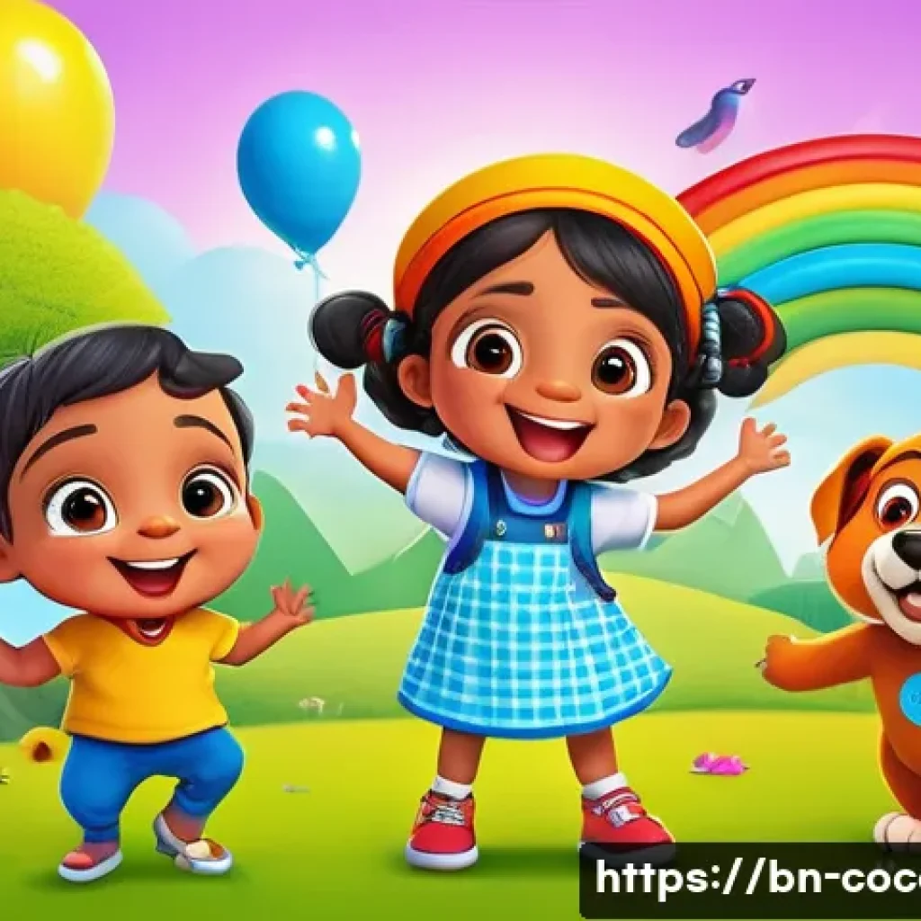 코코멜론 공식 웹사이트 소개 - A vibrant, colorful cartoon scene inspired by Bengali children’s educational shows, featuring cheerf...