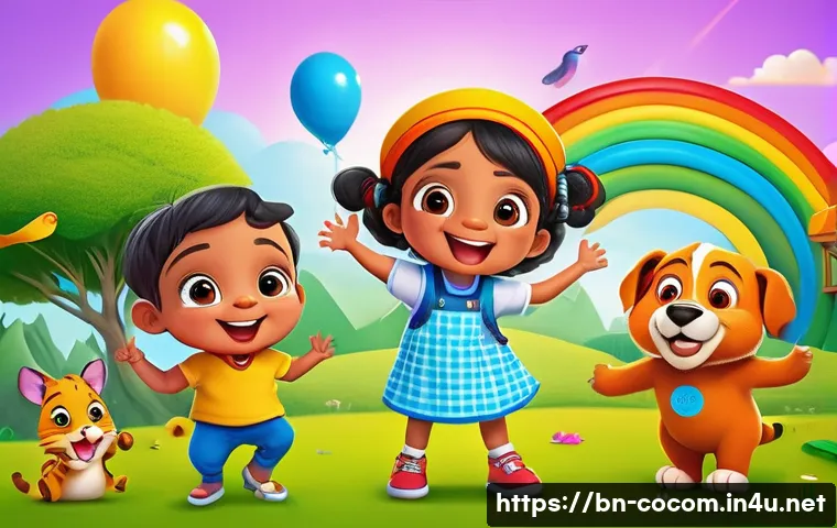 코코멜론 공식 웹사이트 소개 - A vibrant, colorful cartoon scene inspired by Bengali children’s educational shows, featuring cheerf...