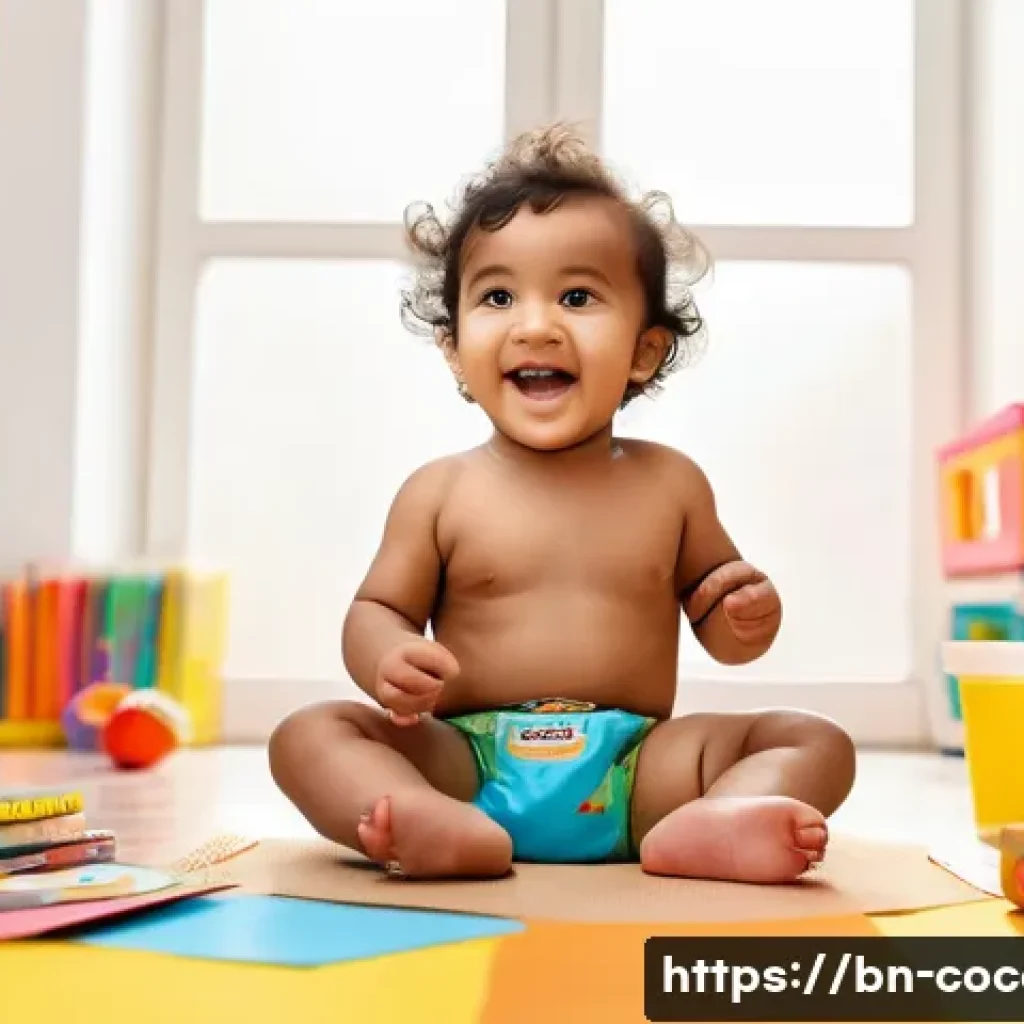 코코멜론 속 놀이 아이디어 - A joyful Bengali toddler wearing a colorful diaper, sitting at a small table covered with vibrant co...