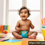 코코멜론 속 놀이 아이디어 - A joyful Bengali toddler wearing a colorful diaper, sitting at a small table covered with vibrant co...