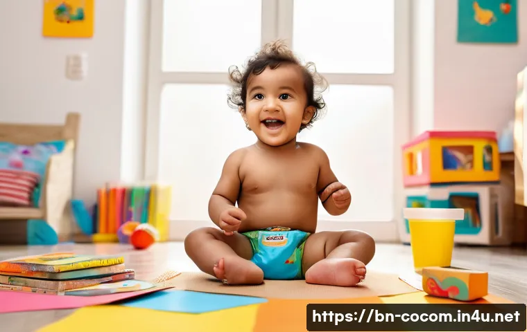 코코멜론 속 놀이 아이디어 - A joyful Bengali toddler wearing a colorful diaper, sitting at a small table covered with vibrant co...