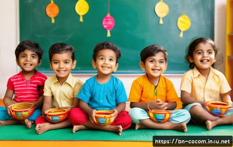 코코멜론 노래  Wheels on the Bus  분석 - A lively scene of a diverse group of Bengali toddlers wearing colorful diapers and playful clothes, ...