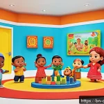 코코멜론 캐릭터별 장난감 출시 정보 - A colorful Cocomelon-themed educational playroom scene featuring children aged 2-5 years playing wit...