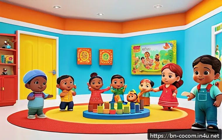 코코멜론 캐릭터별 장난감 출시 정보 - A colorful Cocomelon-themed educational playroom scene featuring children aged 2-5 years playing wit...