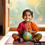 코코멜론 인기곡 Top 10 - A vibrant and joyful scene of a young Bengali child wearing colorful traditional clothes and a diape...