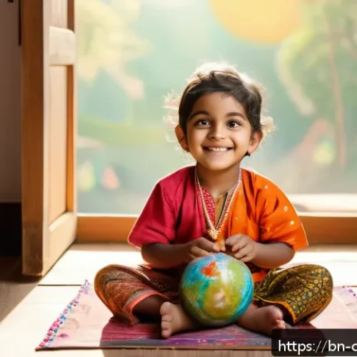 코코멜론 인기곡 Top 10 - A vibrant and joyful scene of a young Bengali child wearing colorful traditional clothes and a diape...
