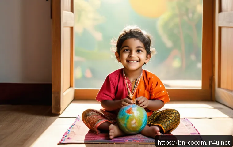 코코멜론 인기곡 Top 10 - A vibrant and joyful scene of a young Bengali child wearing colorful traditional clothes and a diape...