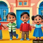 코코멜론 유튜브 채널 구독자 분석 - A vibrant and colorful animation scene designed for Bengali-speaking young children, featuring simpl...
