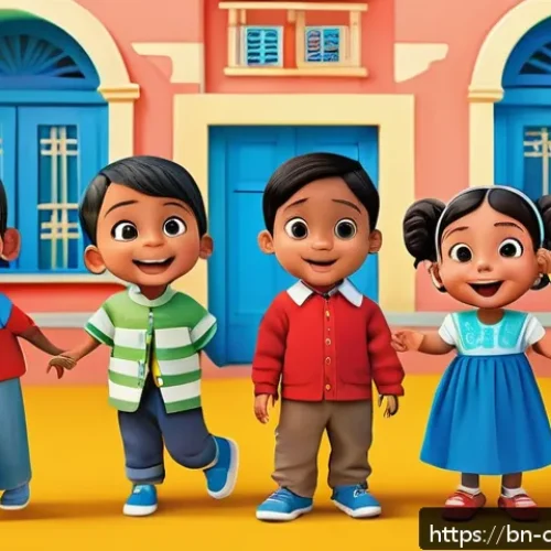 코코멜론 유튜브 채널 구독자 분석 - A vibrant and colorful animation scene designed for Bengali-speaking young children, featuring simpl...
