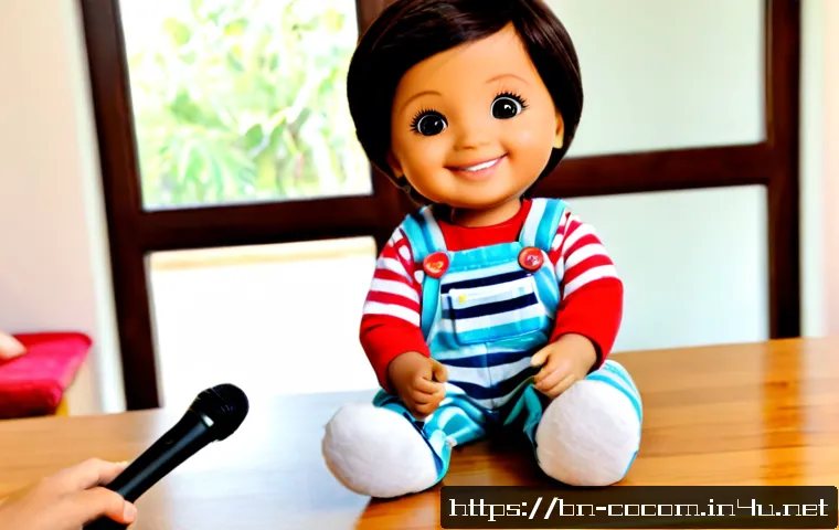 코코멜론 인형 완구 사용 후기 - Photorealistic product review scene of a cheerful generic musical preschool doll with a round smilin...